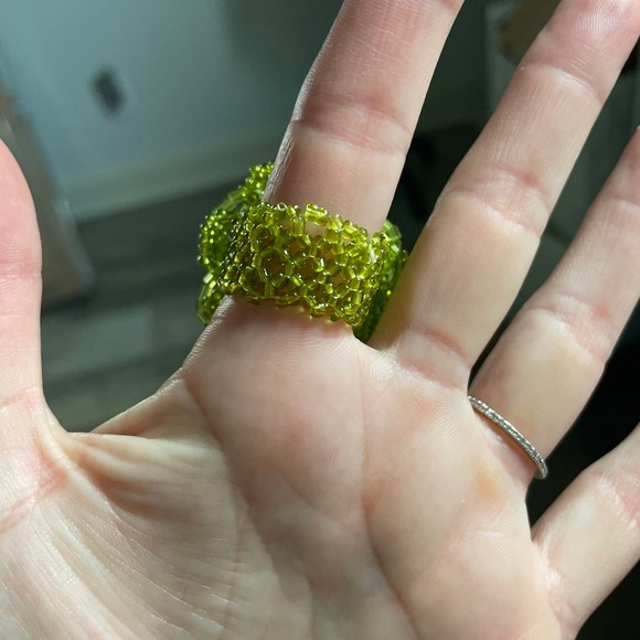 Handmade Beaded Flower Ring‎ Adjustable Boho Green Statement Ring Jewelry Y2K - Picture 4 of 5